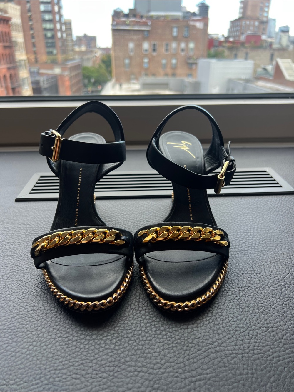 Giuseppe Zanotti Black Leather Wedge Sandals with Gold Chain Detail